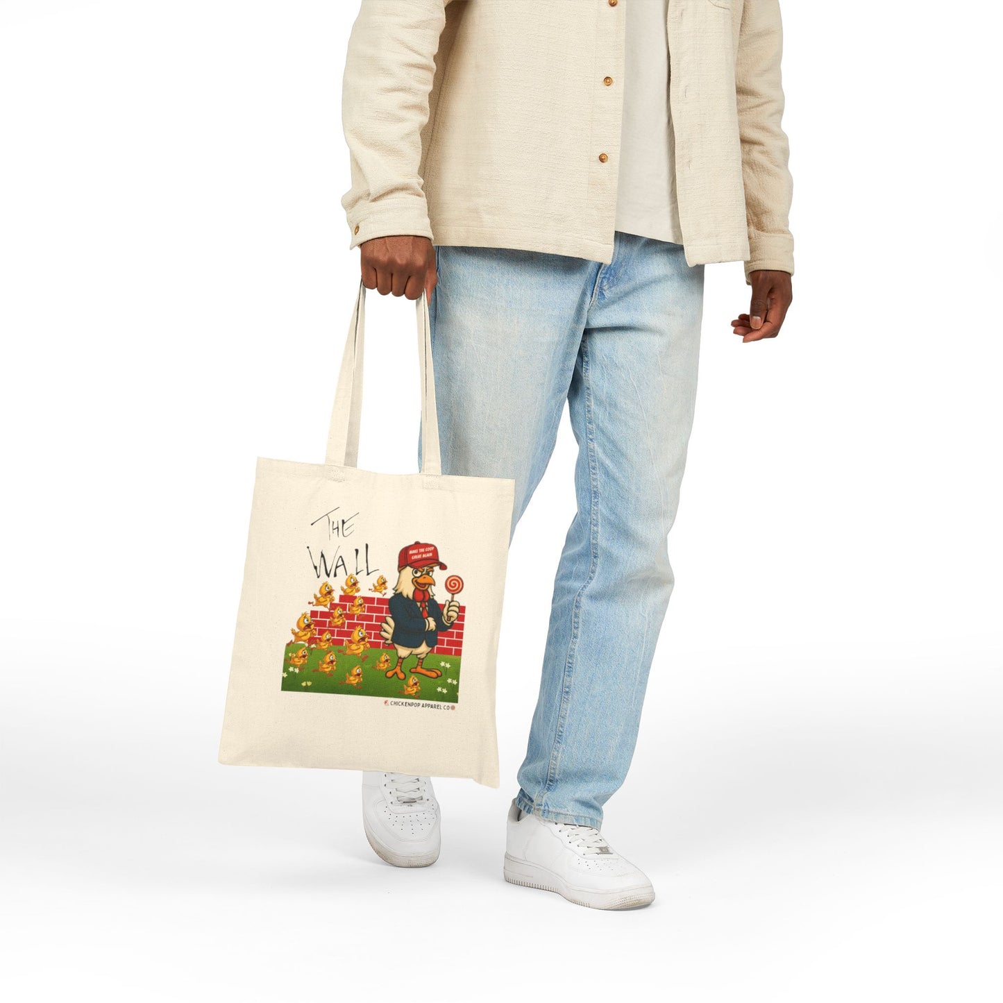 Another Chick Thru The Wall Canvas Tote Bag – Funny Political Chicken Graphic | Heavy-Duty Cotton in Natural or Black | Reusable Eco Satire Shopper
