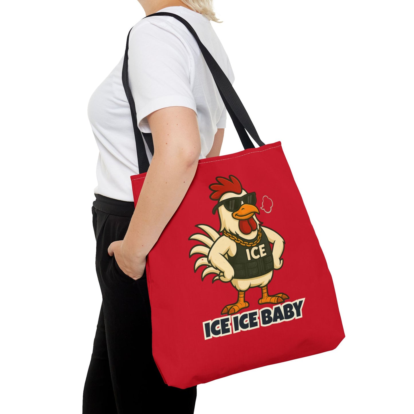 Ice Ice Baby Chicken Tote Bag – Funny Coop Daddy Design, Bold Red Reusable Shopping Bag