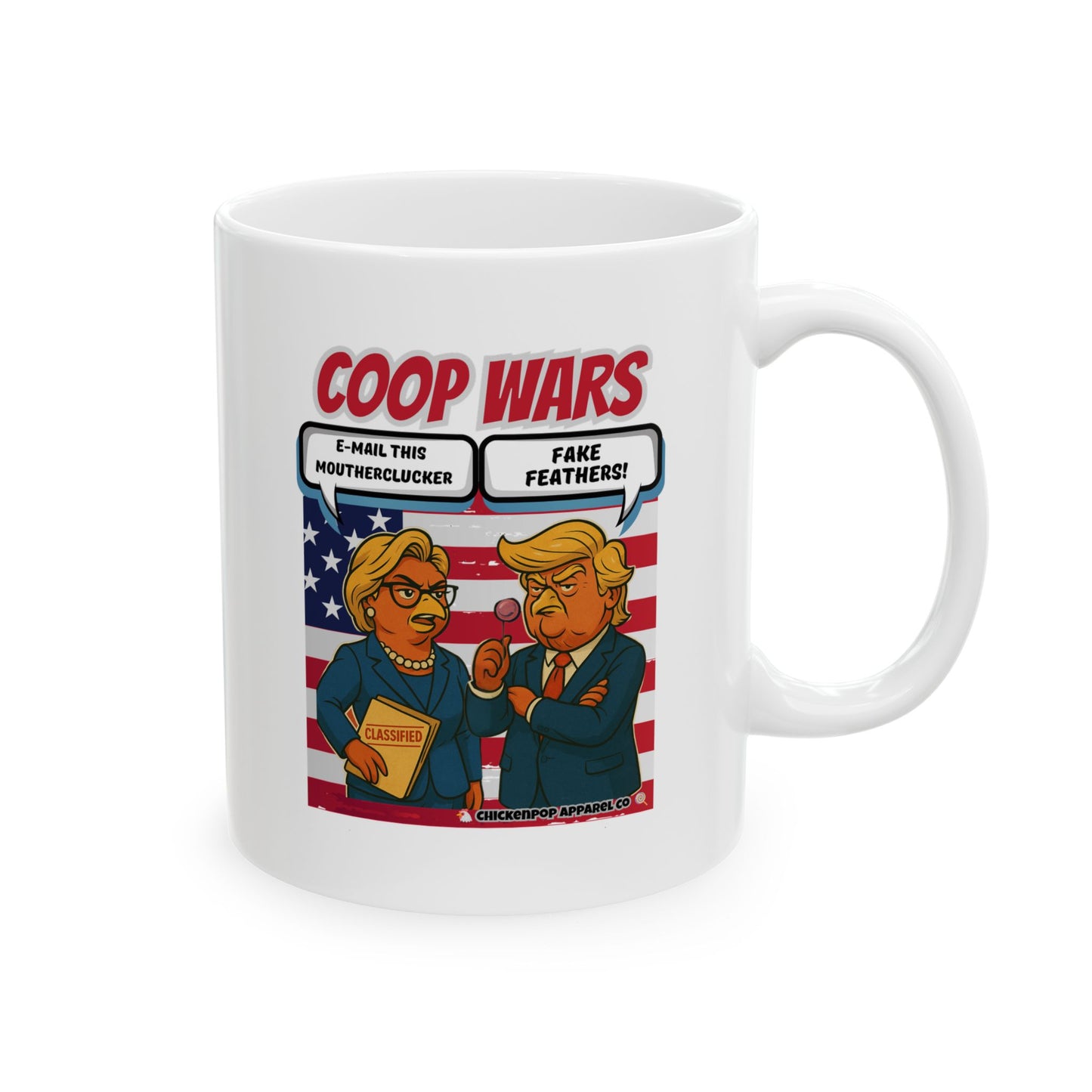 Coop Wars™ Political Satire Mug – Hilaregg Cluckton vs. Cock-a-Doodle-Don | Funny Coffee Cup (11oz / 15oz)