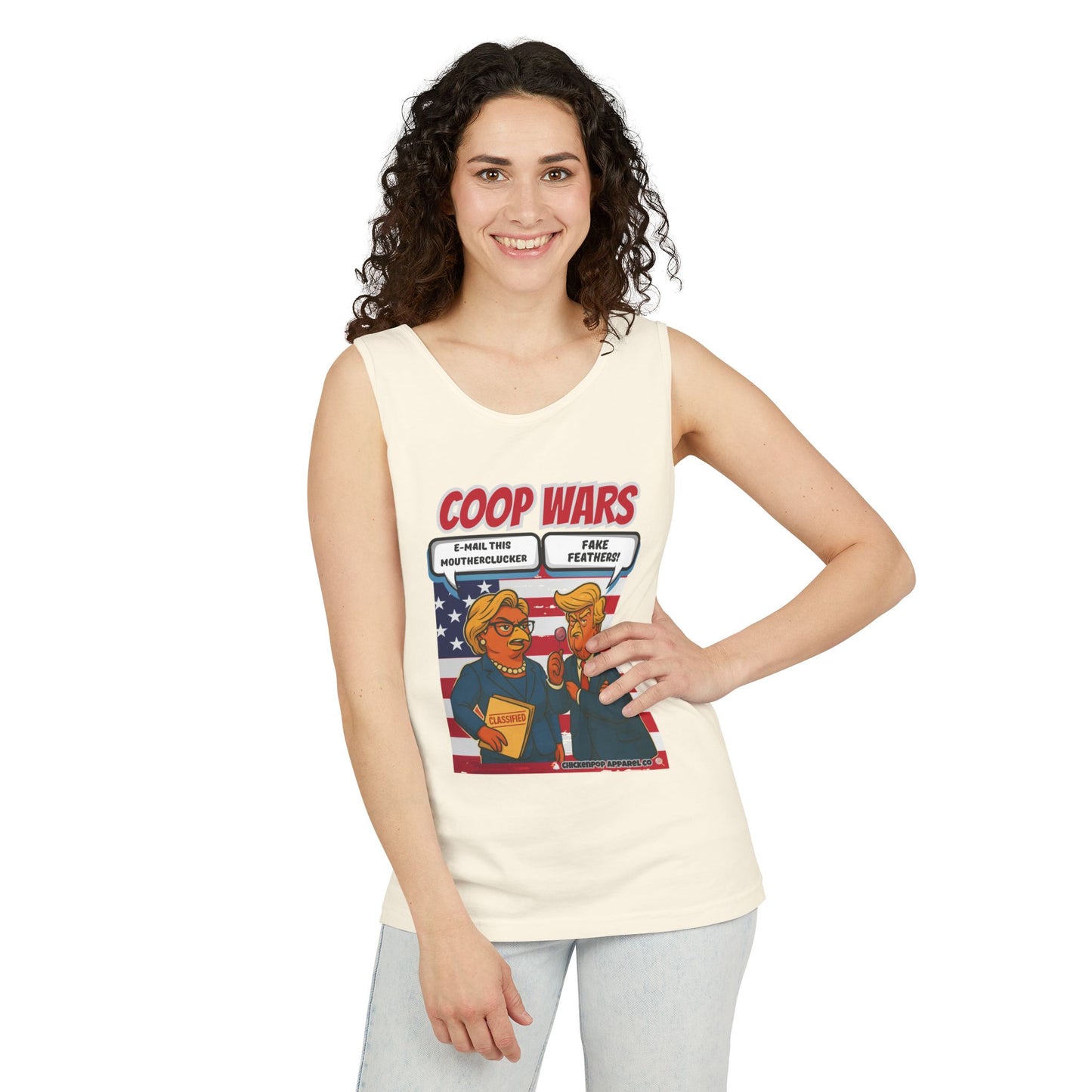 Coop Wars™ Unisex Tank Top – Hilaregg Cluckton vs. Cock-a-Doodle-Don | Political Satire Sleeveless Tee