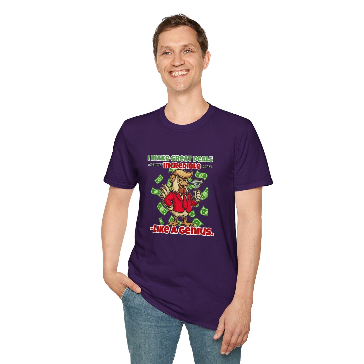 Cock-a-Doodle-Don “Like a Genius” Money Deal Rooster Tee – Funny Political Satire Shirt | ChickenPop Apparel Co.