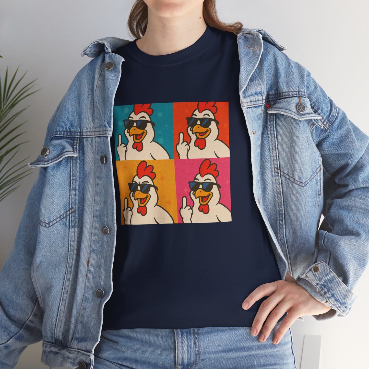 Warhol Pop Art Chicken T-Shirt – Funny Coop Daddy Middle Finger Tee for Bold Style