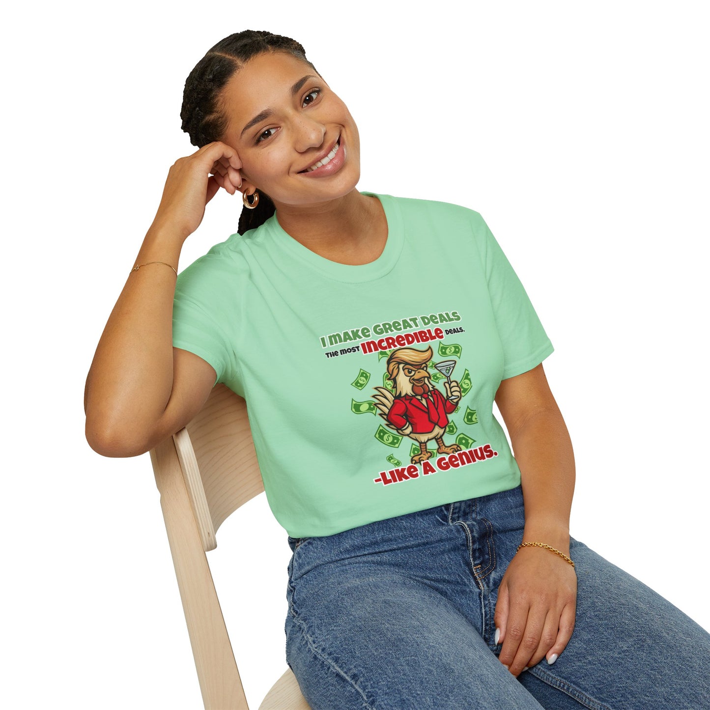 Cock-a-Doodle-Don “Like a Genius” Money Deal Rooster Tee – Funny Political Satire Shirt | ChickenPop Apparel Co.