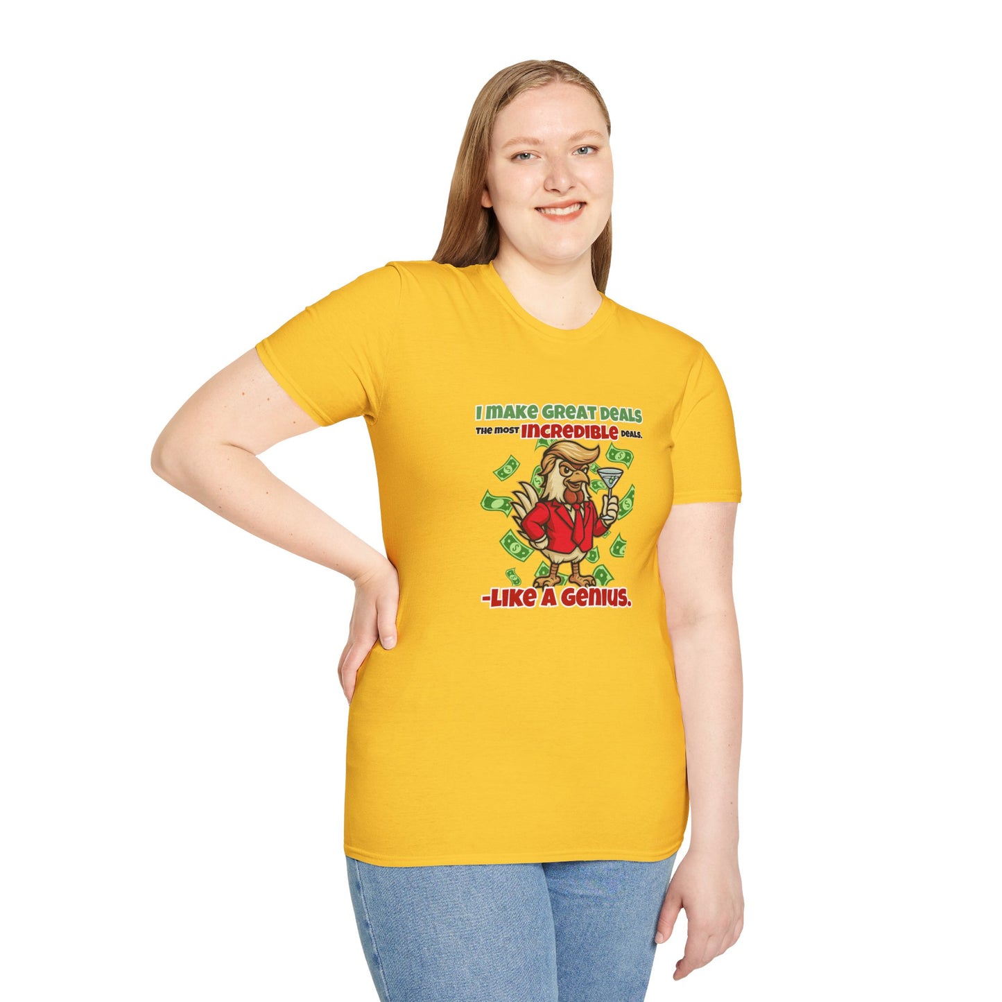 Cock-a-Doodle-Don “Like a Genius” Money Deal Rooster Tee – Funny Political Satire Shirt | ChickenPop Apparel Co.