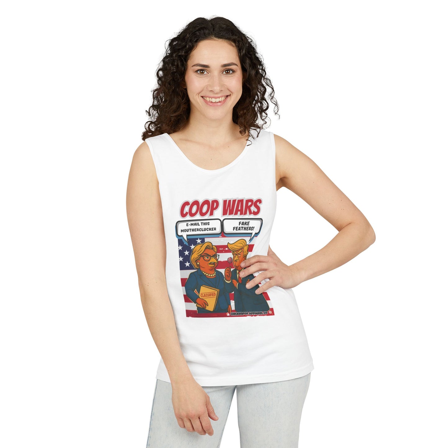 Coop Wars™ Unisex Tank Top – Hilaregg Cluckton vs. Cock-a-Doodle-Don | Political Satire Sleeveless Tee