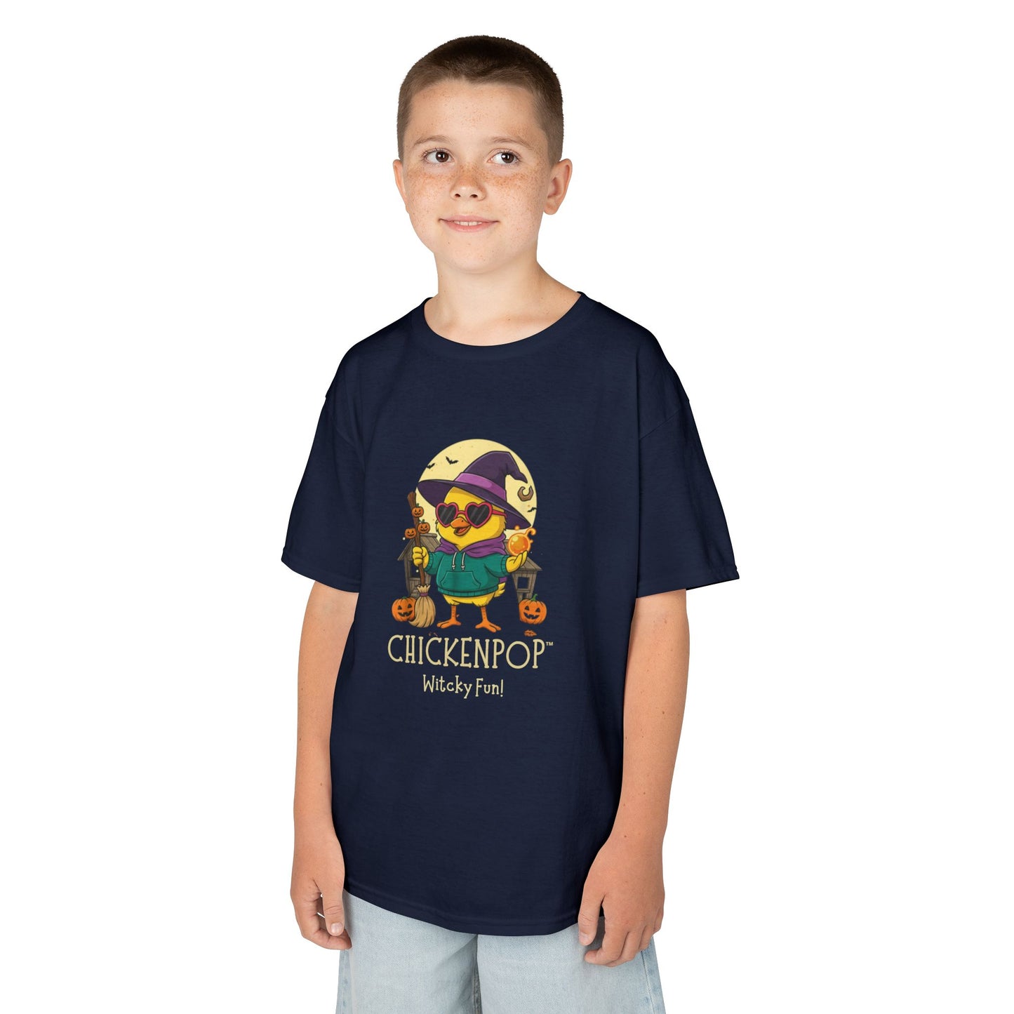 Sunny the Witchy Chick Kid’s Halloween Tee | ChickenPop Lil’ Cluckers Wicktastic Fun Shirt
