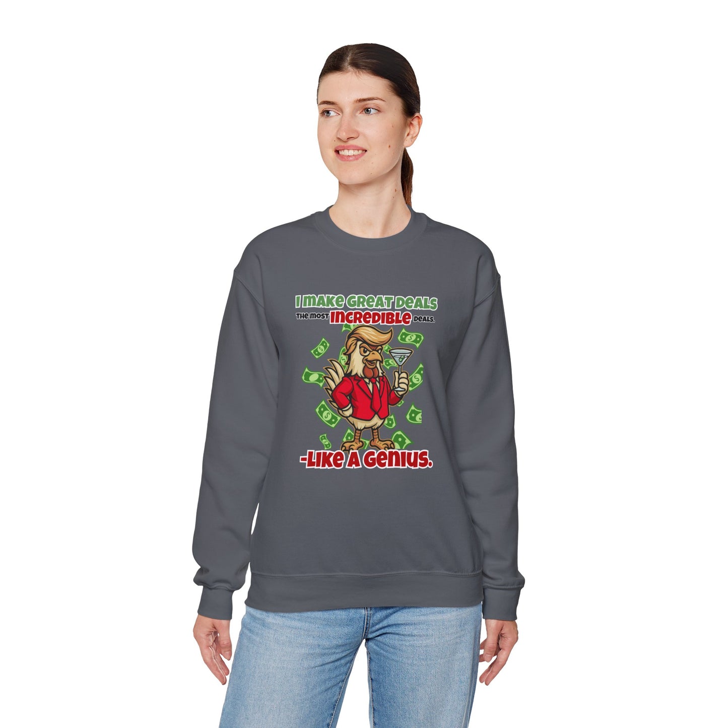 Like A Genius Crewneck Sweatshirt – Funny Political Graphic Pullover | Unisex Heavy Blend with ChickenPop Logo | Ethically Made & Cozy Cold-Weather Humor