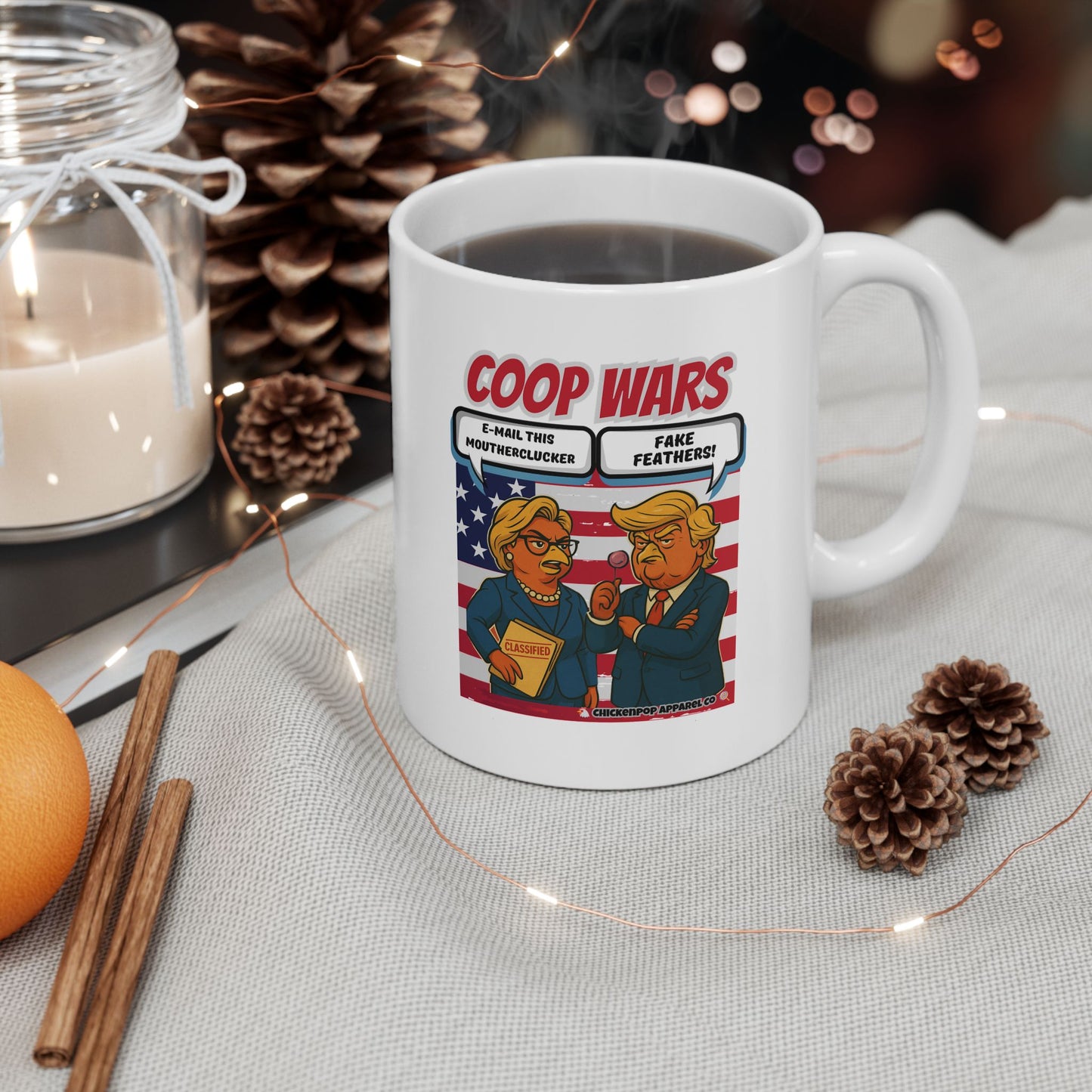Coop Wars™ Political Satire Mug – Hilaregg Cluckton vs. Cock-a-Doodle-Don | Funny Coffee Cup (11oz / 15oz)