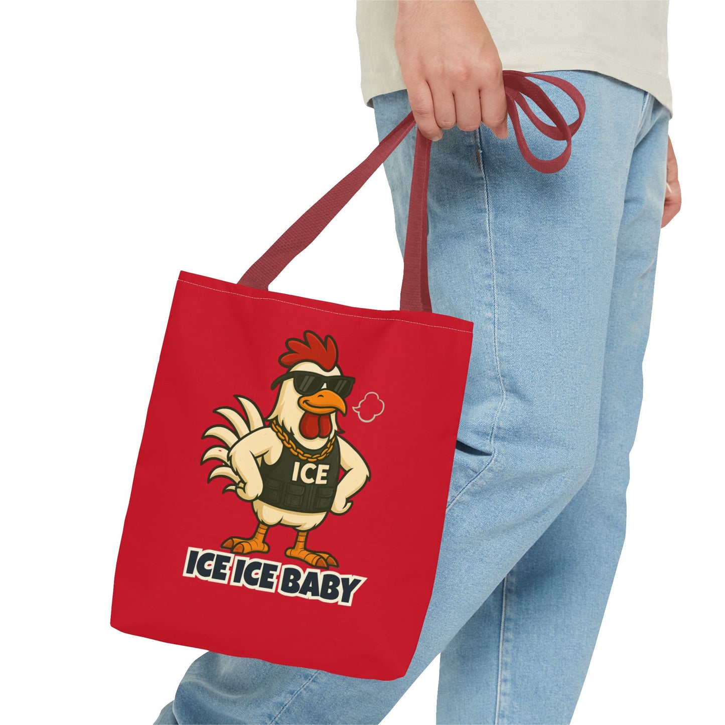 Ice Ice Baby Chicken Tote Bag – Funny Coop Daddy Design, Bold Red Reusable Shopping Bag