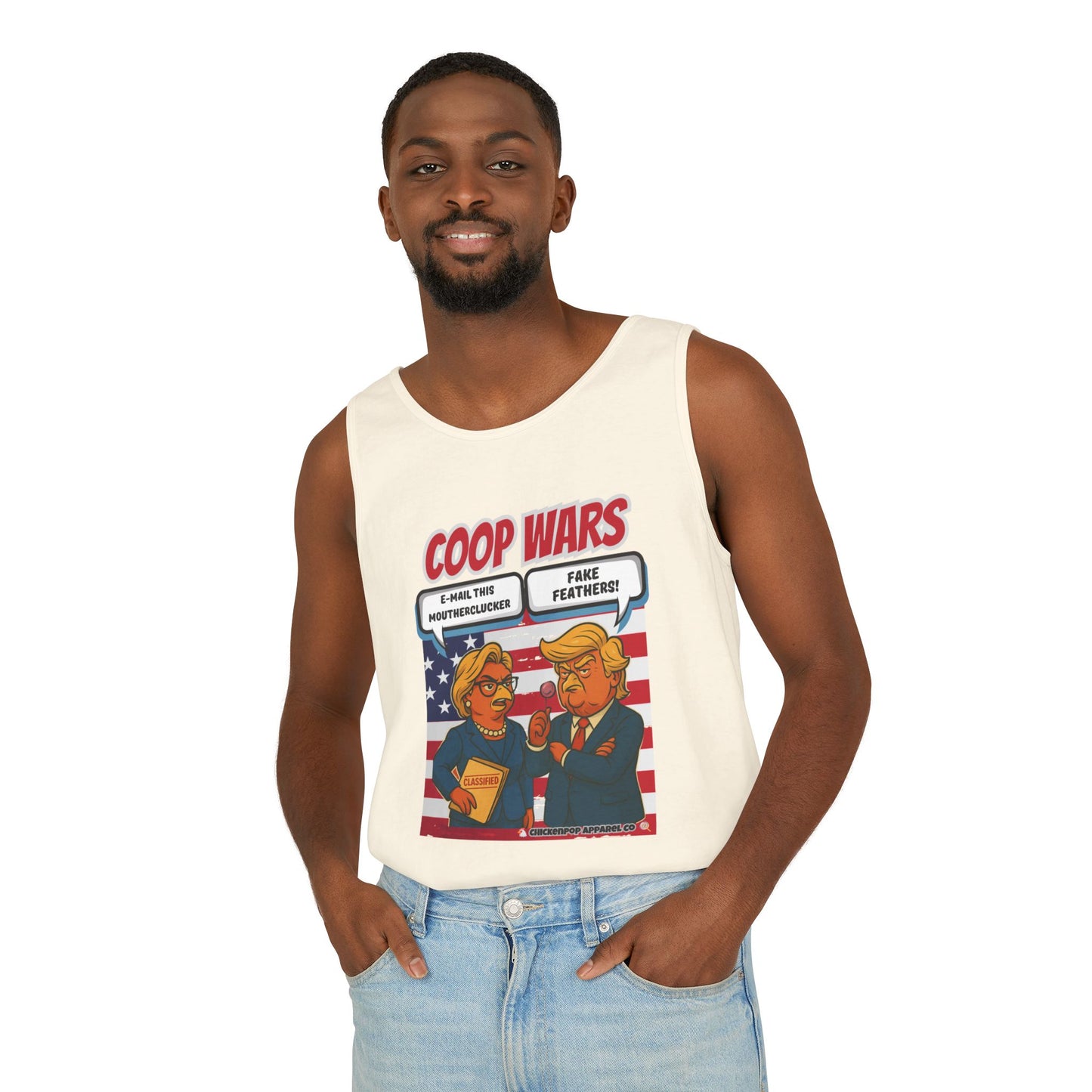 Coop Wars™ Unisex Tank Top – Hilaregg Cluckton vs. Cock-a-Doodle-Don | Political Satire Sleeveless Tee