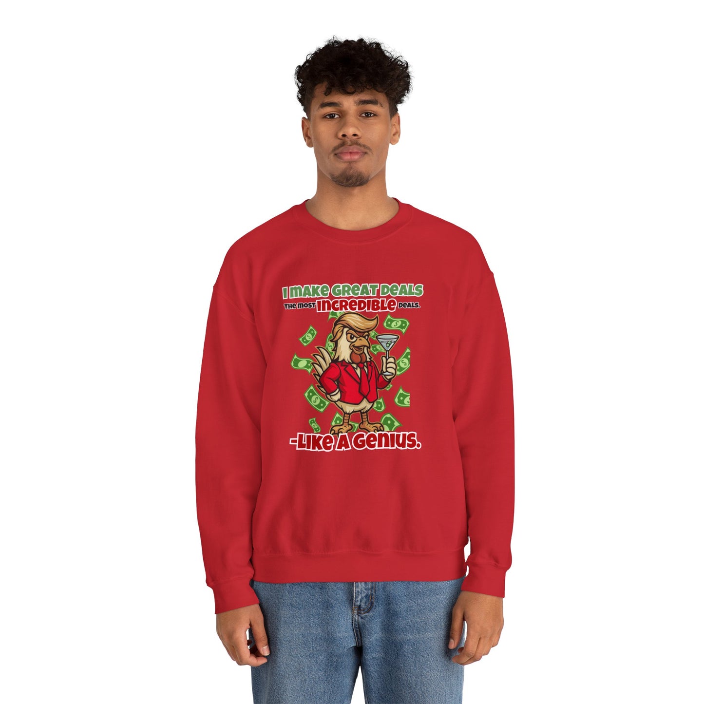 Like A Genius Crewneck Sweatshirt – Funny Political Graphic Pullover | Unisex Heavy Blend with ChickenPop Logo | Ethically Made & Cozy Cold-Weather Humor