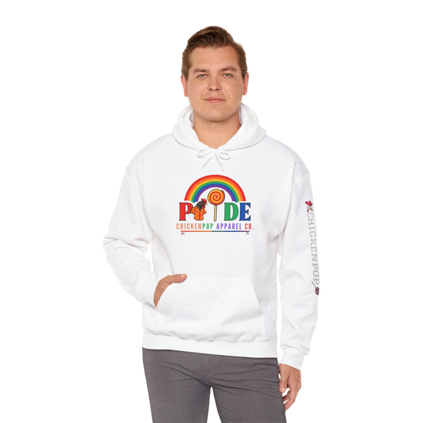 Pride Month Hoodie – ChickenPop Apparel | Rainbow Logo with Coop Daddy – Unisex LGBTQ+ Sweatshirt