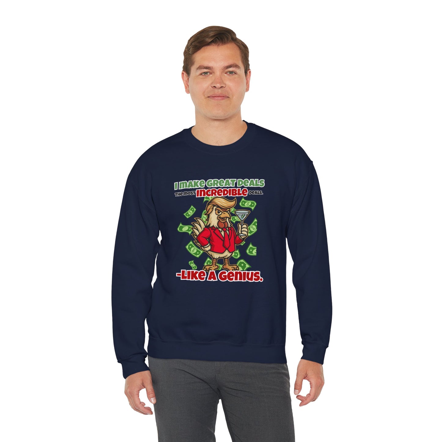 Like A Genius Crewneck Sweatshirt – Funny Political Graphic Pullover | Unisex Heavy Blend with ChickenPop Logo | Ethically Made & Cozy Cold-Weather Humor