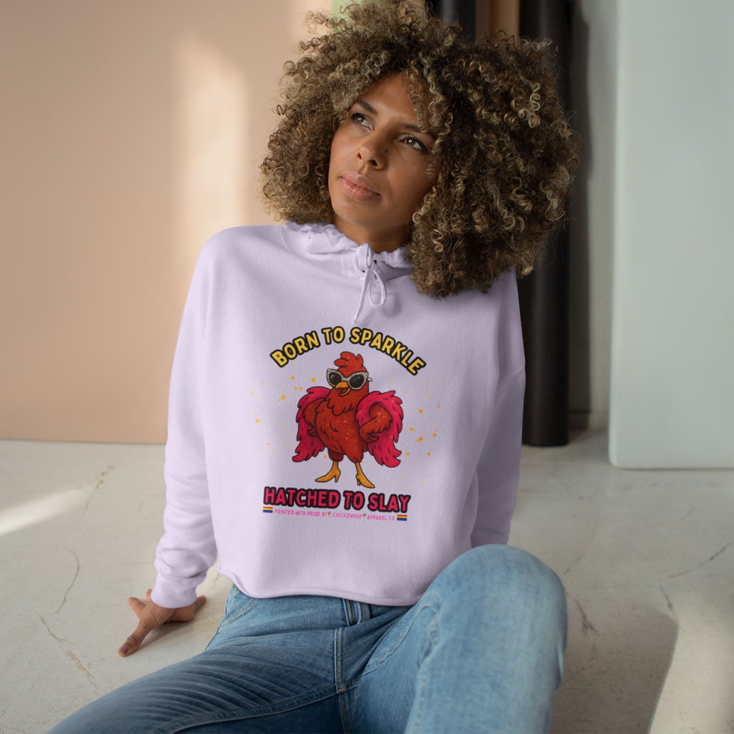 Glitter Chick Crop Hoodie - Born to Sparkle and Hatched to Slay - Pride Month Collection