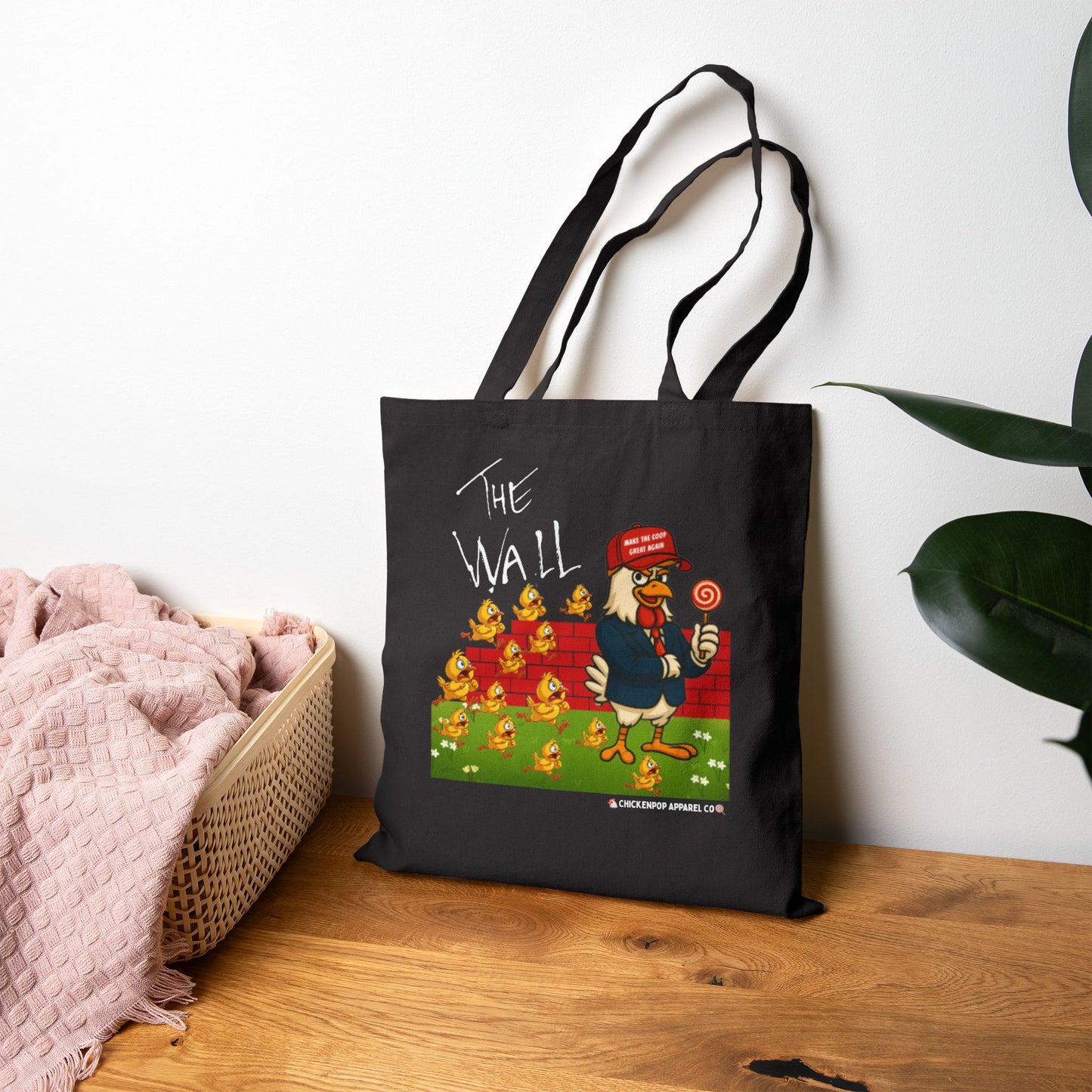 Another Chick Thru The Wall Canvas Tote Bag – Funny Political Chicken Graphic | Heavy-Duty Cotton in Natural or Black | Reusable Eco Satire Shopper