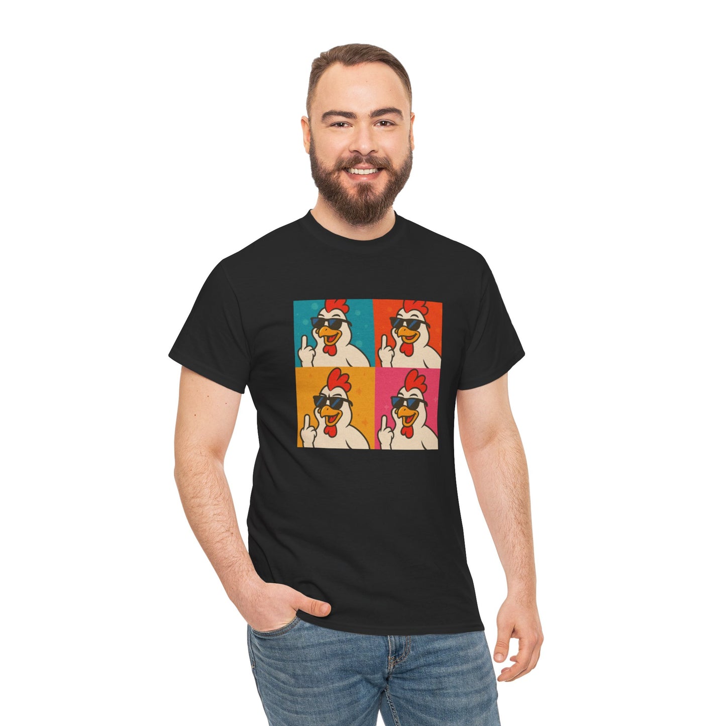 Warhol Pop Art Chicken T-Shirt – Funny Coop Daddy Middle Finger Tee for Bold Style