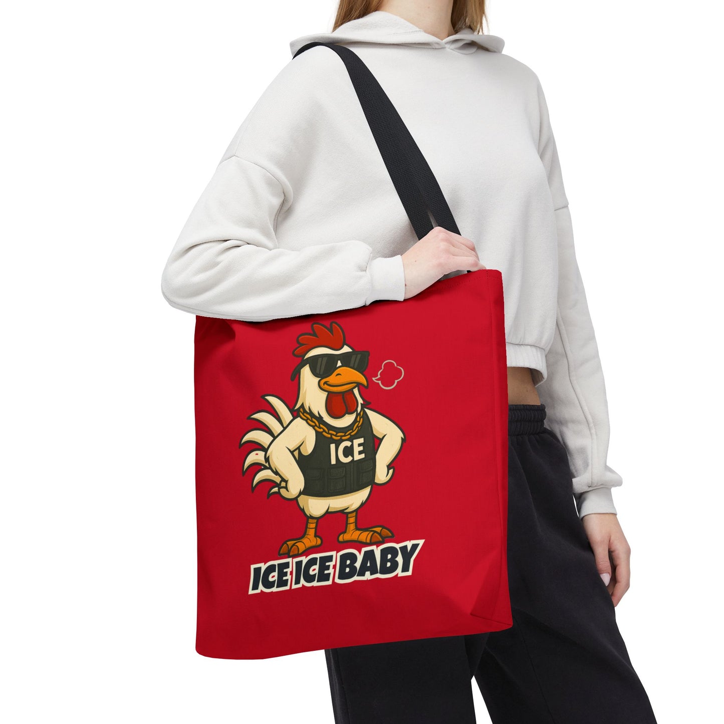 Ice Ice Baby Chicken Tote Bag – Funny Coop Daddy Design, Bold Red Reusable Shopping Bag