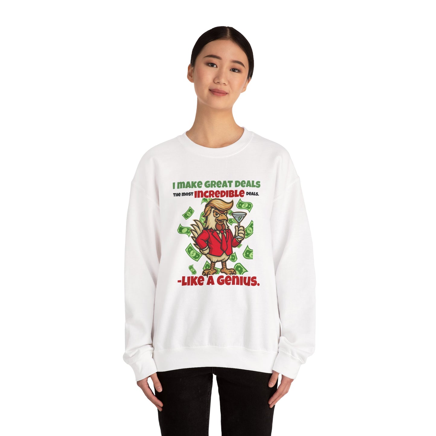 Like A Genius Crewneck Sweatshirt – Funny Political Graphic Pullover | Unisex Heavy Blend with ChickenPop Logo | Ethically Made & Cozy Cold-Weather Humor