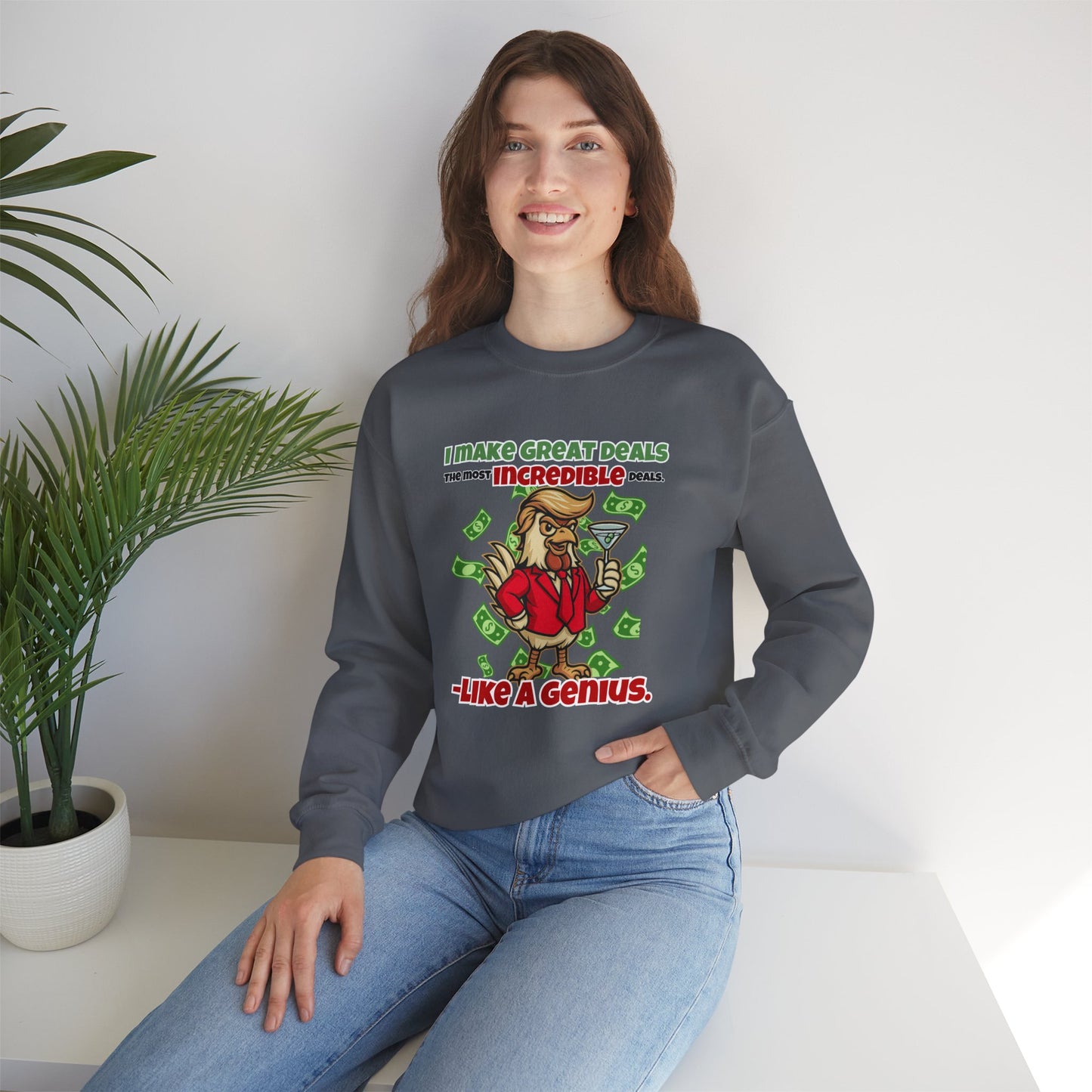 Like A Genius Crewneck Sweatshirt – Funny Political Graphic Pullover | Unisex Heavy Blend with ChickenPop Logo | Ethically Made & Cozy Cold-Weather Humor