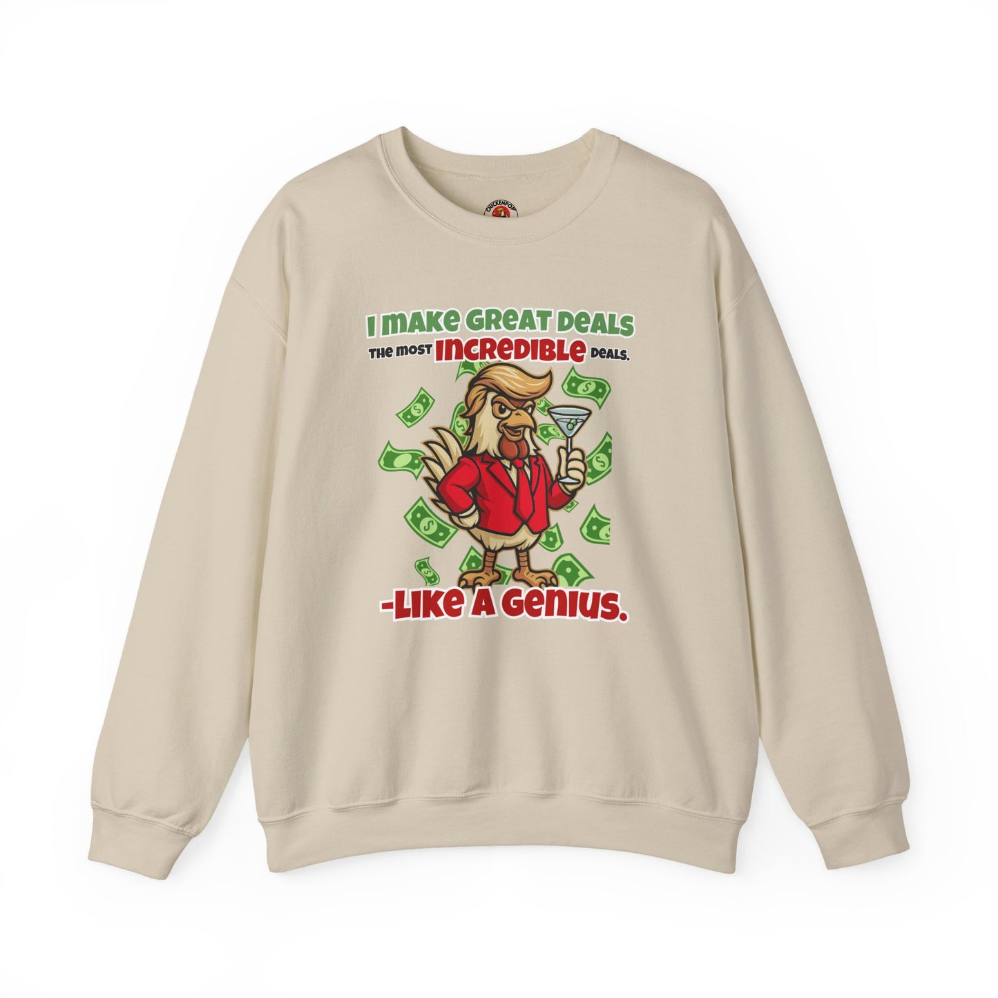 Like A Genius Crewneck Sweatshirt – Funny Political Graphic Pullover | Unisex Heavy Blend with ChickenPop Logo | Ethically Made & Cozy Cold-Weather Humor