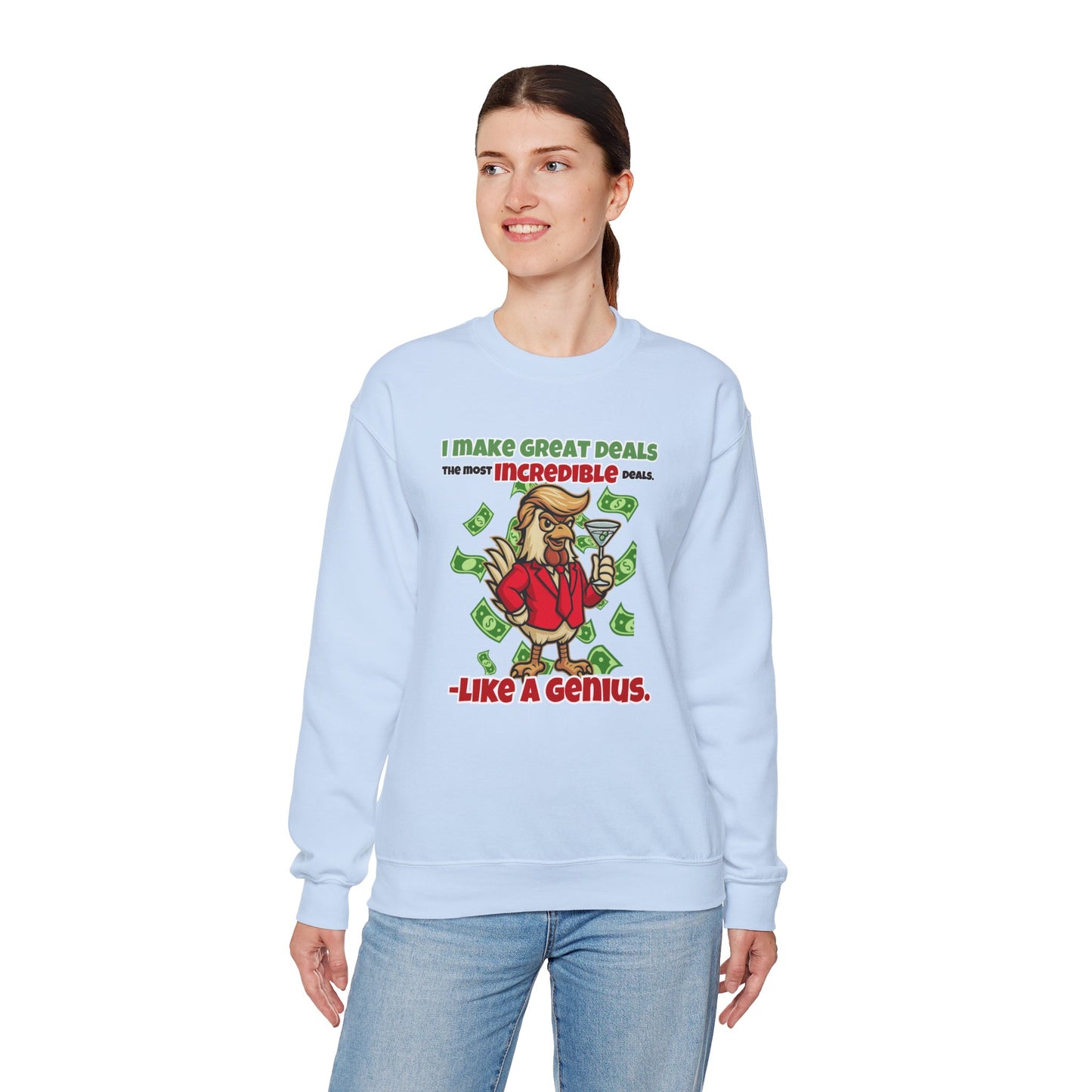 Like A Genius Crewneck Sweatshirt – Funny Political Graphic Pullover | Unisex Heavy Blend with ChickenPop Logo | Ethically Made & Cozy Cold-Weather Humor