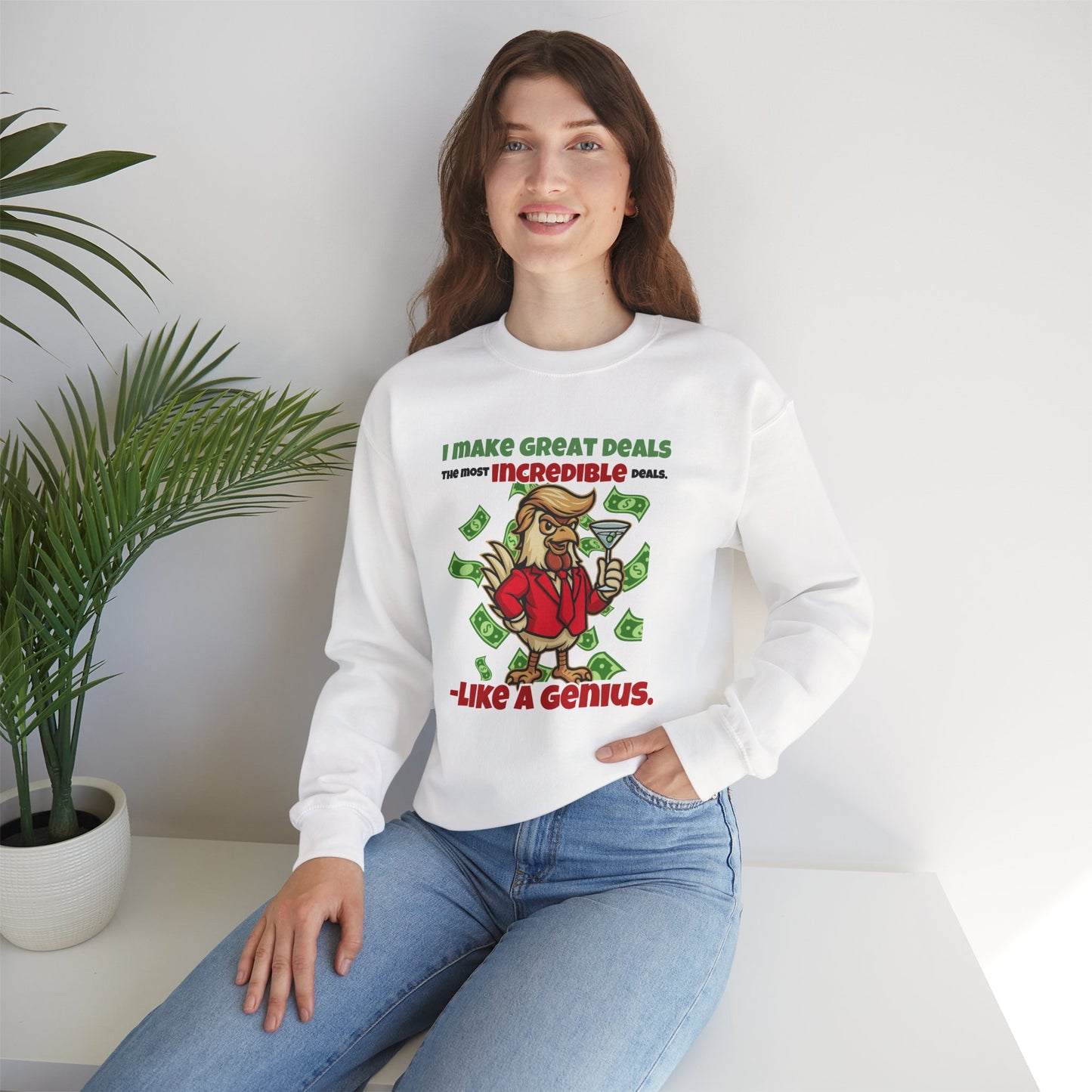 Like A Genius Crewneck Sweatshirt – Funny Political Graphic Pullover | Unisex Heavy Blend with ChickenPop Logo | Ethically Made & Cozy Cold-Weather Humor
