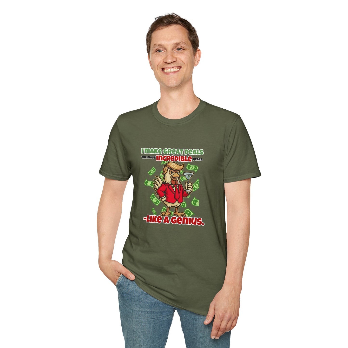 Cock-a-Doodle-Don “Like a Genius” Money Deal Rooster Tee – Funny Political Satire Shirt | ChickenPop Apparel Co.
