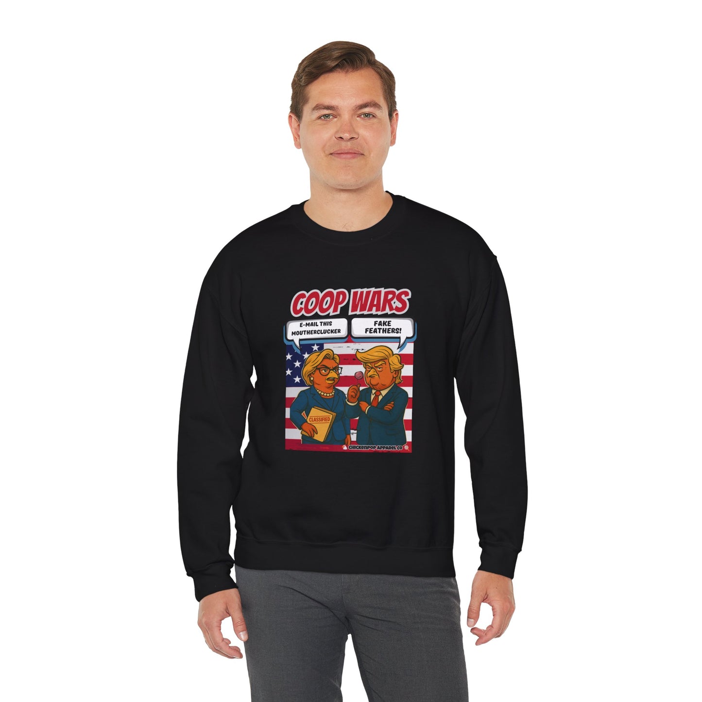 Coop Wars Crewneck Sweatshirt – Funny Political Graphic Pullover | Unisex Heavy Blend with ChickenPop Logo | Ethically Made & Cozy Cold-Weather Humor