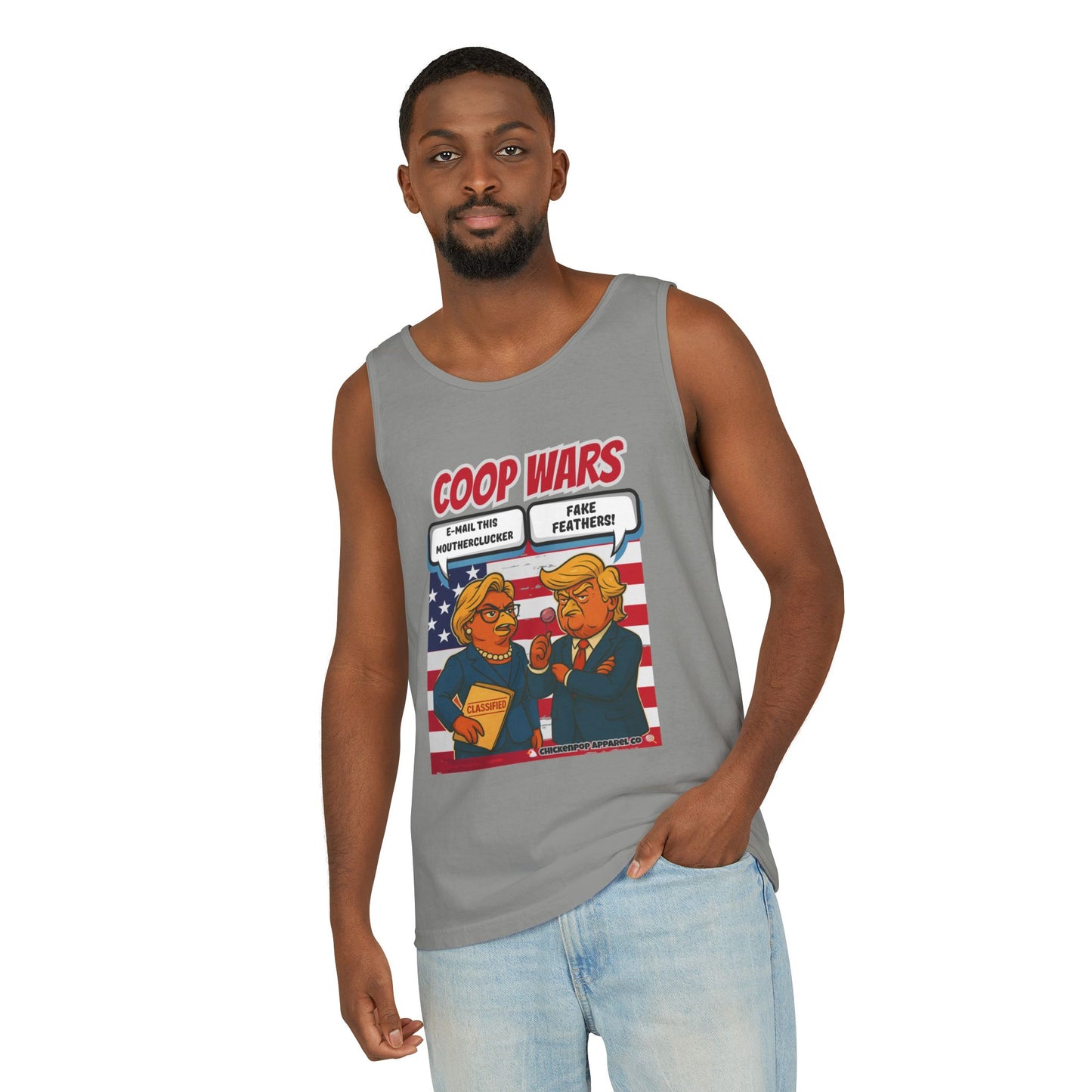 Coop Wars™ Unisex Tank Top – Hilaregg Cluckton vs. Cock-a-Doodle-Don | Political Satire Sleeveless Tee