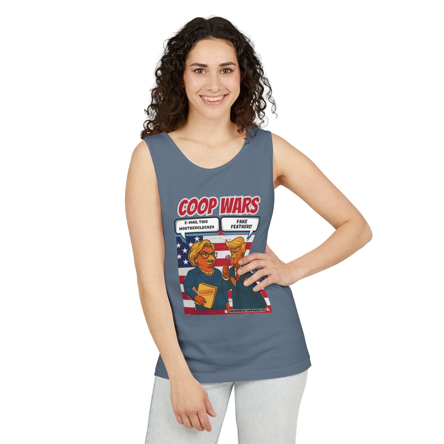 Coop Wars™ Unisex Tank Top – Hilaregg Cluckton vs. Cock-a-Doodle-Don | Political Satire Sleeveless Tee