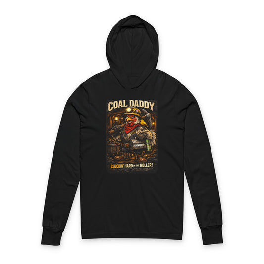 Coal Daddy “Cluckin’ Hard in the Holler” Long sleeve hooded T-Shirt – Coop Daddy Underground Edition Black Graphic Long Sleeve Tee | ChickenPop Apparel
