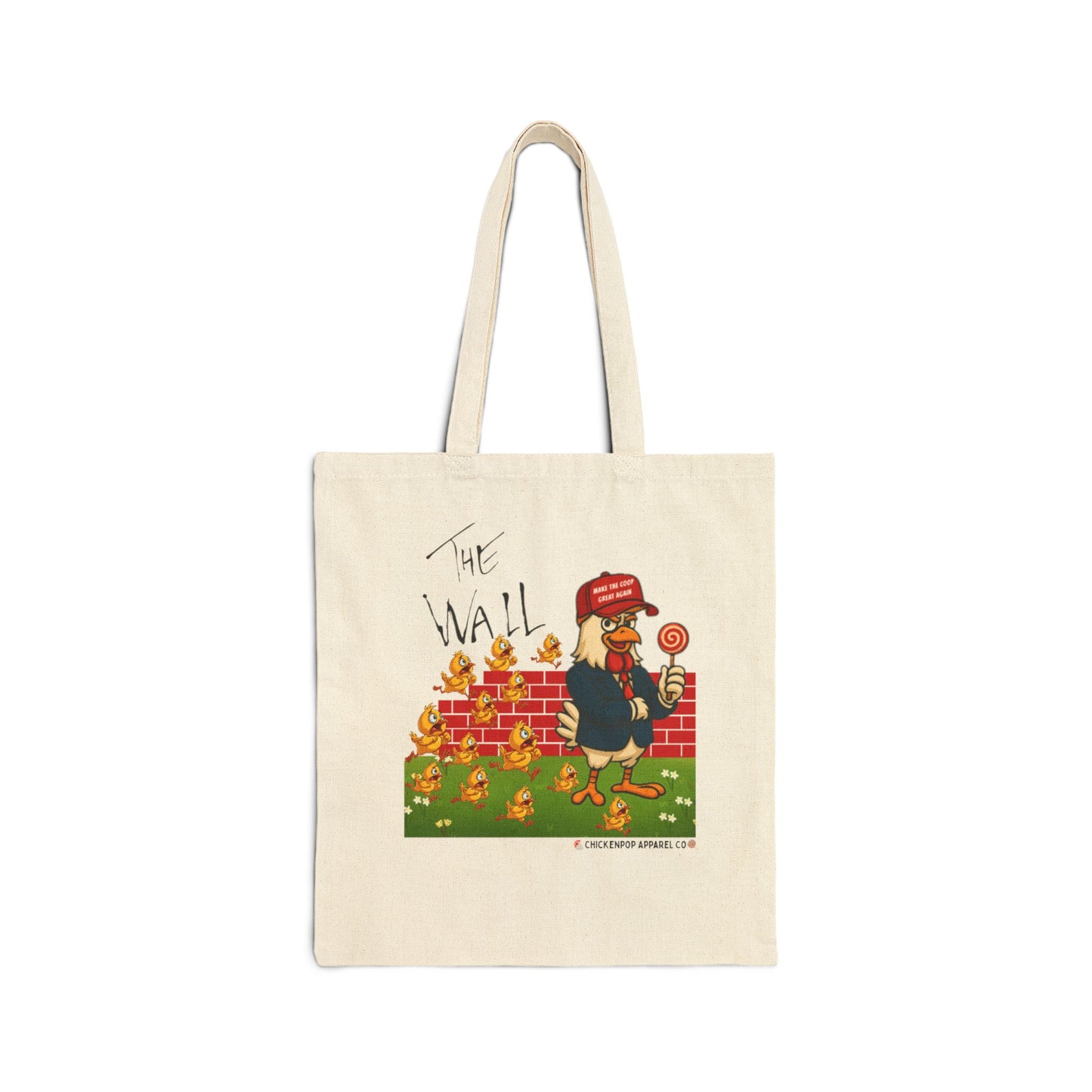 Another Chick Thru The Wall Canvas Tote Bag – Funny Political Chicken Graphic | Heavy-Duty Cotton in Natural or Black | Reusable Eco Satire Shopper