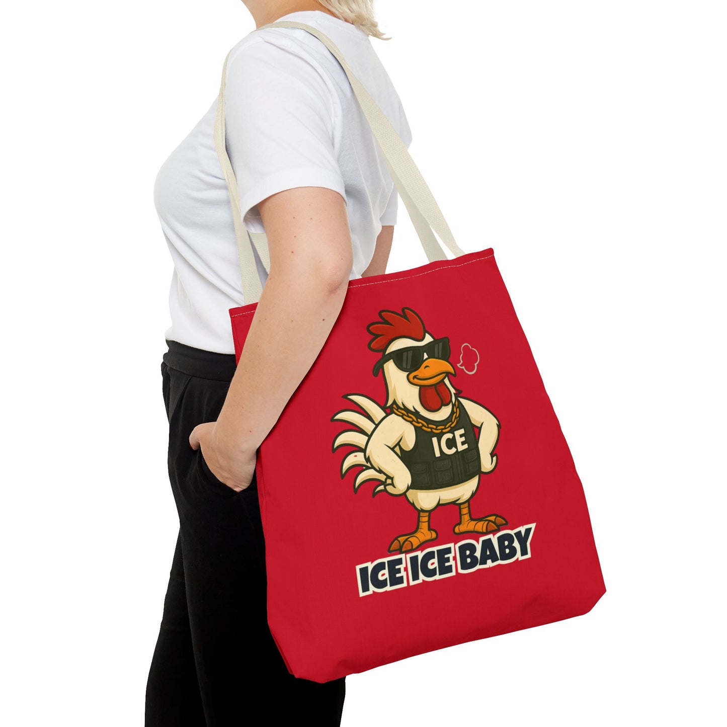Ice Ice Baby Chicken Tote Bag – Funny Coop Daddy Design, Bold Red Reusable Shopping Bag
