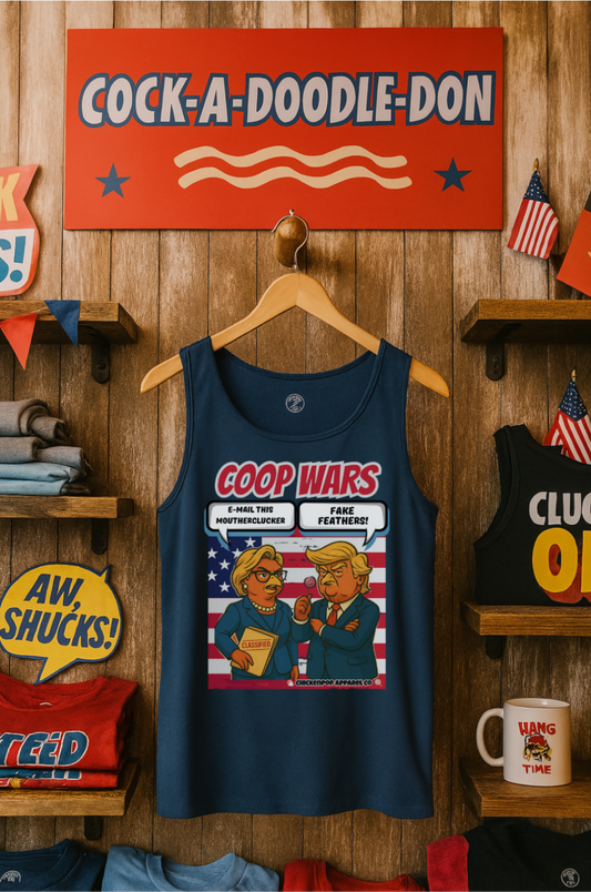 Coop Wars™ Unisex Tank Top – Hilaregg Cluckton vs. Cock-a-Doodle-Don | Political Satire Sleeveless Tee