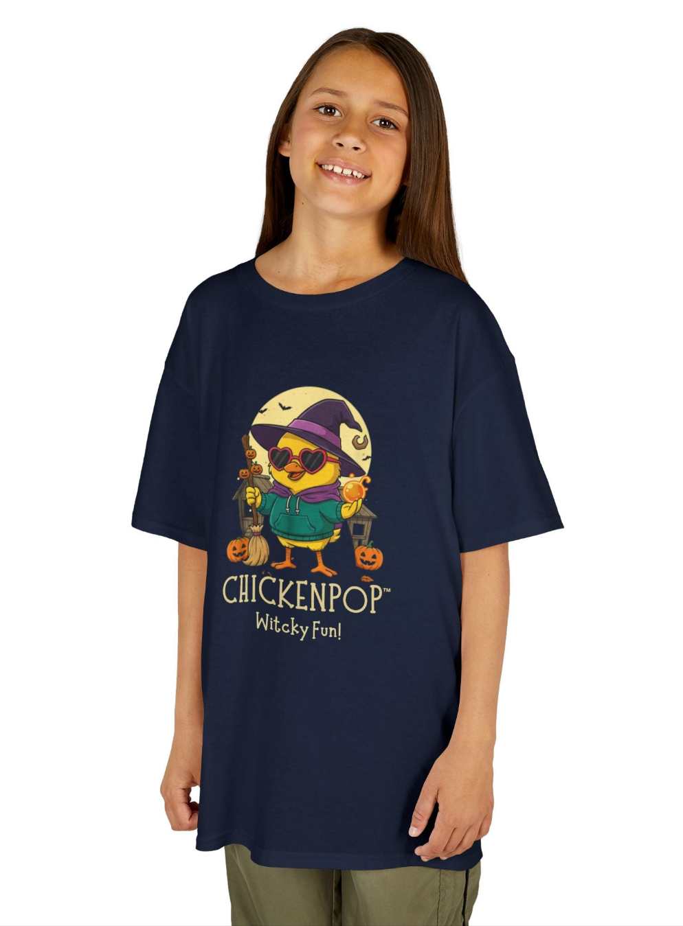 Sunny the Witchy Chick Kid’s Halloween Tee | ChickenPop Lil’ Cluckers Wicktastic Fun Shirt