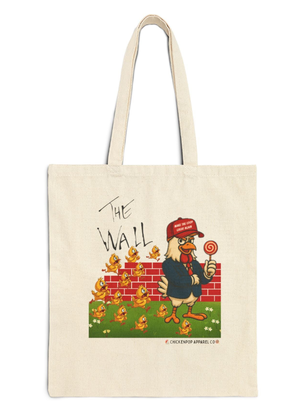 Another Chick Thru The Wall Canvas Tote Bag – Funny Political Chicken Graphic | Heavy-Duty Cotton in Natural or Black | Reusable Eco Satire Shopper
