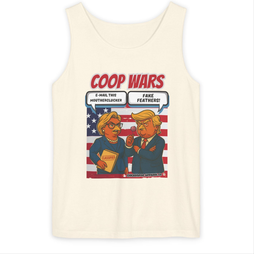 Coop Wars™ Unisex Tank Top – Hilaregg Cluckton vs. Cock-a-Doodle-Don | Political Satire Sleeveless Tee