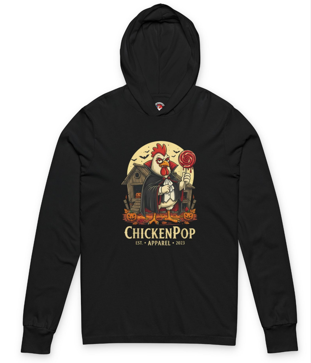 ChickenPop Vampire Rooster Halloween T-Shirt – Funny Spooky Graphic Long Sleeve Hooded, Tee for Fall & Costume Season UNISEX