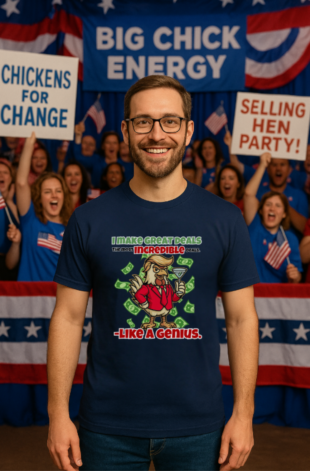 Cock-a-Doodle-Don “Like a Genius” Money Deal Rooster Tee – Funny Political Satire Shirt | ChickenPop Apparel Co.