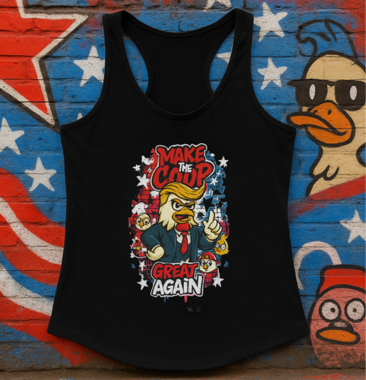 Make the Coop Great Again Racerback Tank – Cock-a-Doodle-Don Presidential Poultry 🐔🍹