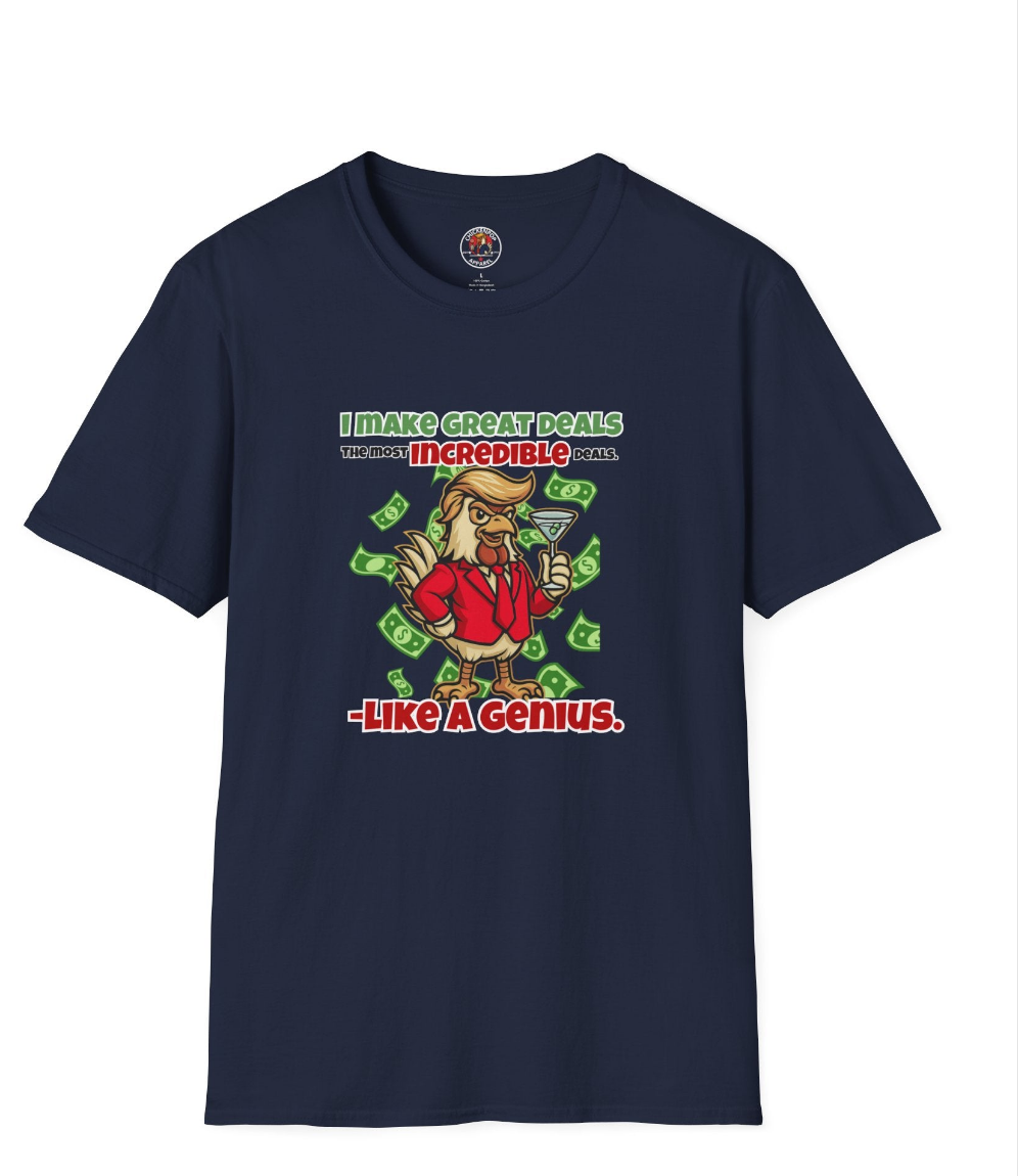 Cock-a-Doodle-Don “Like a Genius” Money Deal Rooster Tee – Funny Political Satire Shirt | ChickenPop Apparel Co.