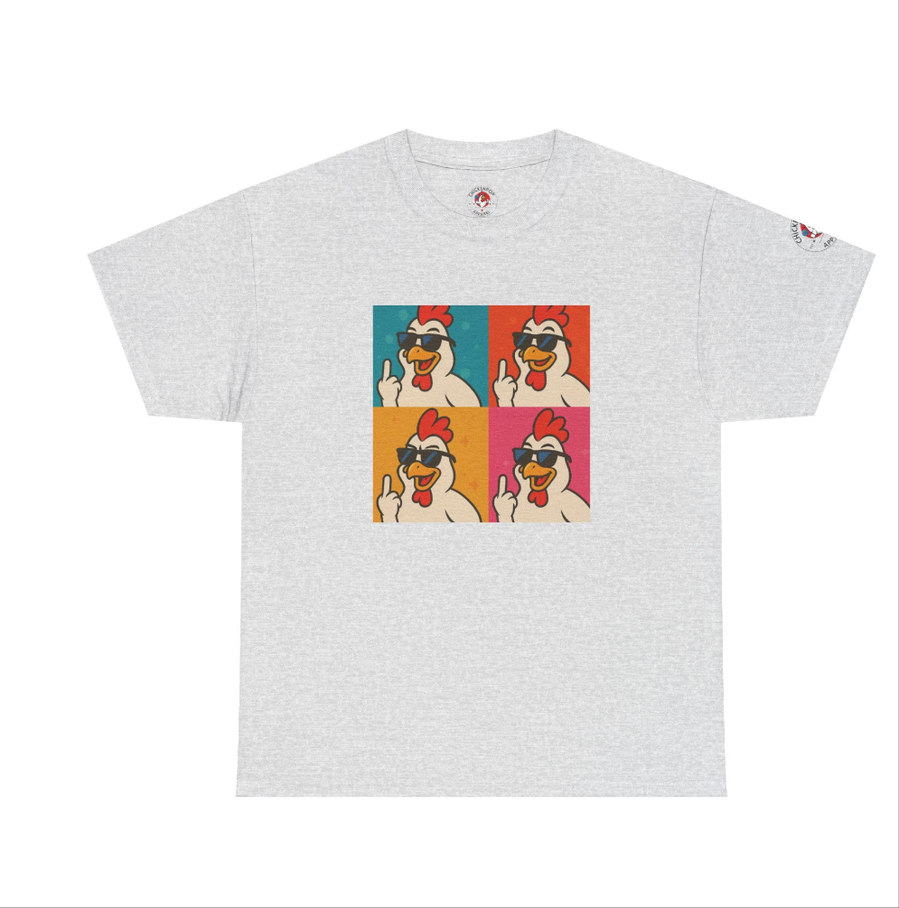Warhol Pop Art Chicken T-Shirt – Funny Coop Daddy Middle Finger Tee for Bold Style