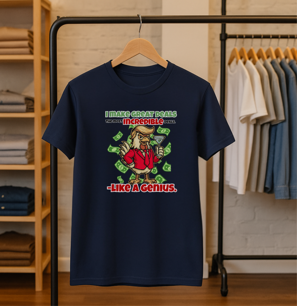 Cock-a-Doodle-Don “Like a Genius” Money Deal Rooster Tee – Funny Political Satire Shirt | ChickenPop Apparel Co.