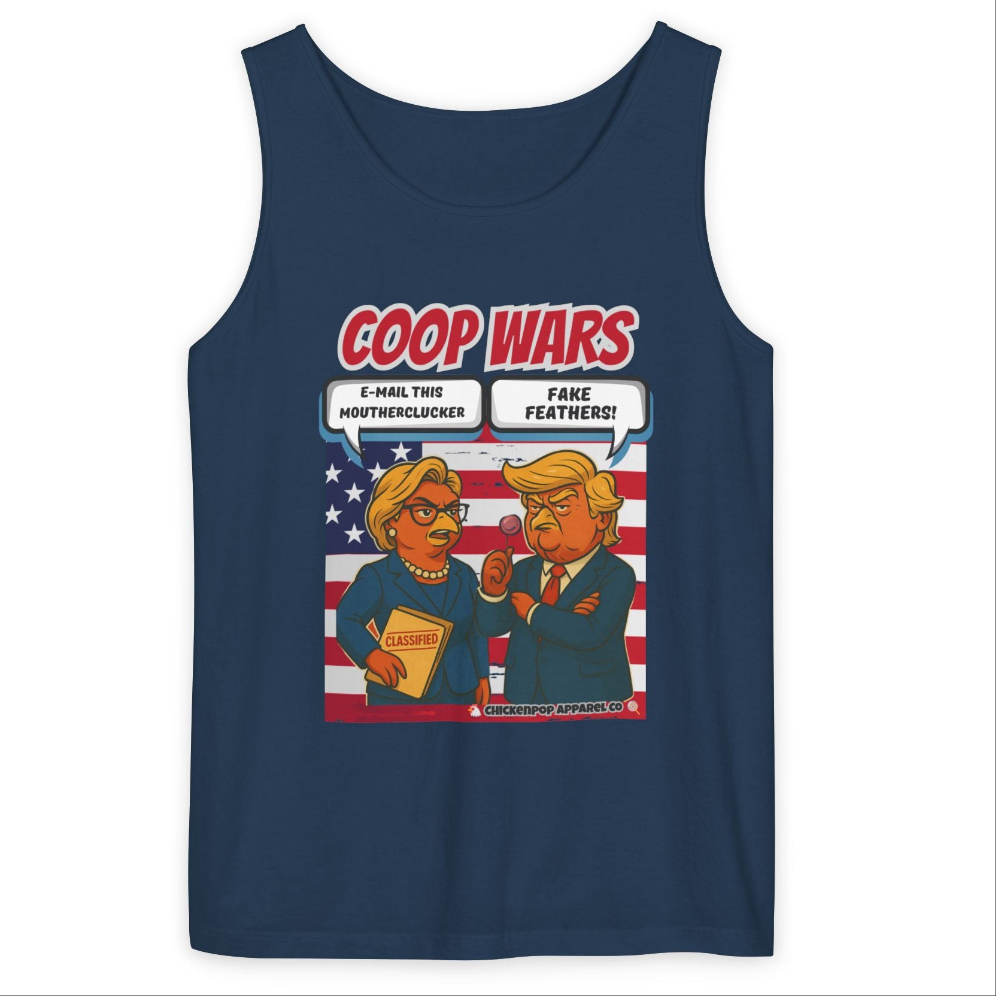Coop Wars™ Unisex Tank Top – Hilaregg Cluckton vs. Cock-a-Doodle-Don | Political Satire Sleeveless Tee