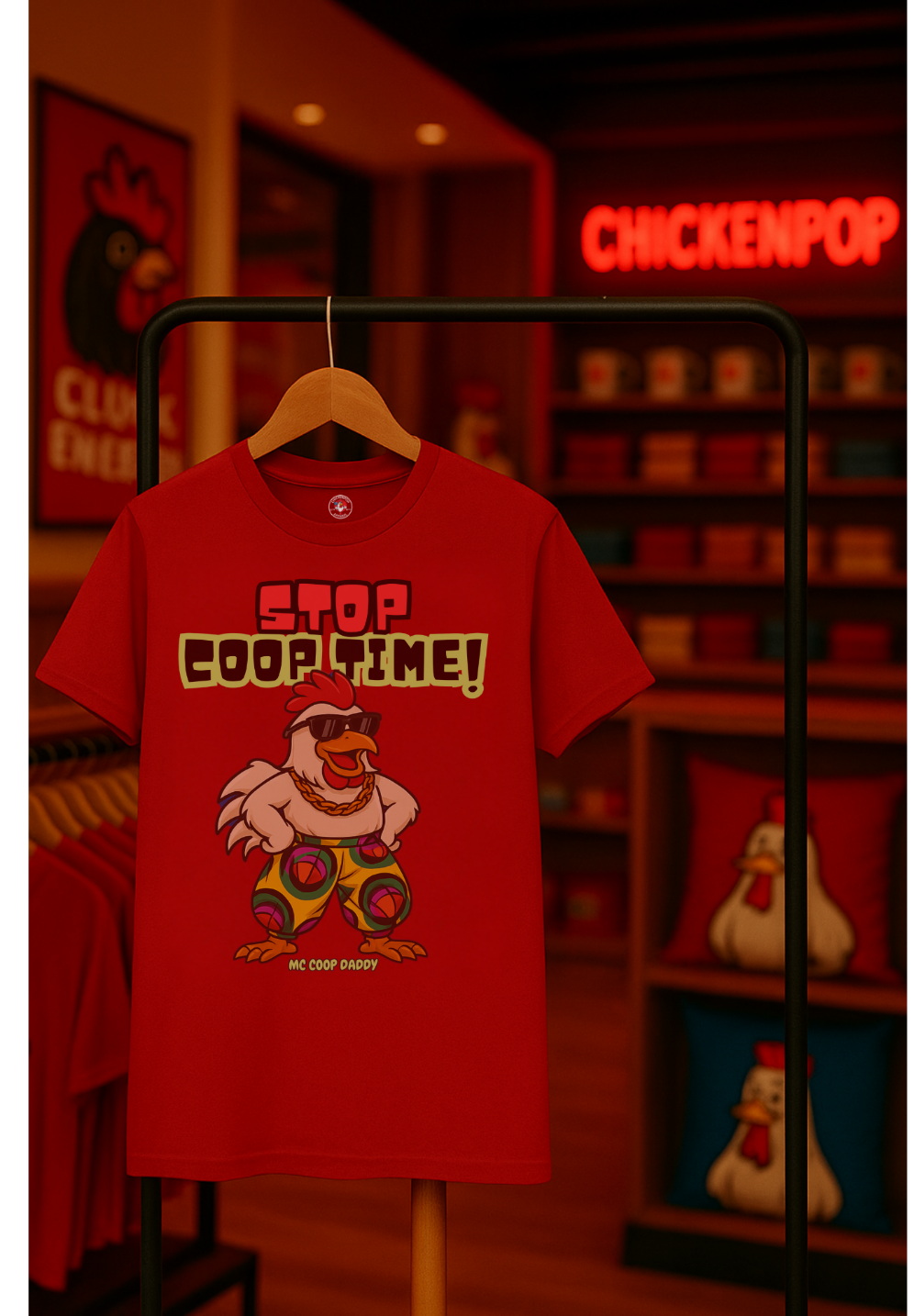 Stop COOP TIME! Funny Chicken T-Shirt – MC Coop Daddy 90s Hip Hop Parody Tee | Unisex Heavy Cotton | ChickenPop Apparel