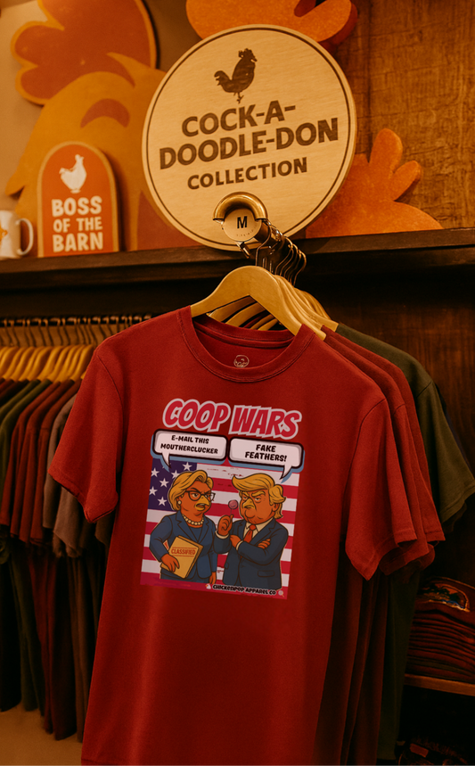 Coop Wars™ Tee – Hilaregg Cluckton vs. Cock-a-Doodle-Don | Political Chicken Fight Shirt