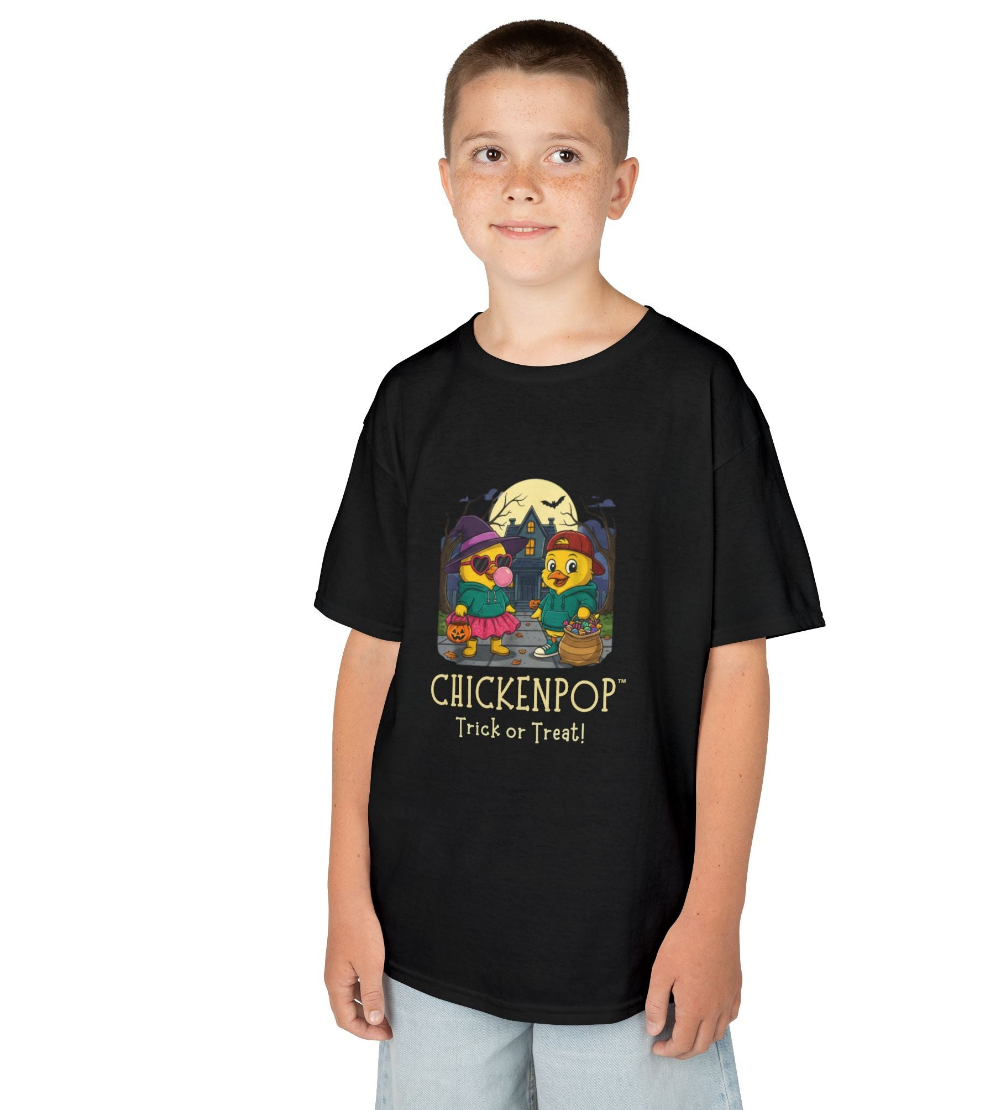 Trick or Treat Kids Halloween Tee | ChickenPop Lil’ Cluckers Sunny & Scramble Halloween Shirt