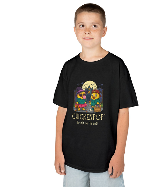 Black kids Halloween chicken shirt with Sunny & Scramble characters, made from soft US cotton for spooky trick-or-treat fun.