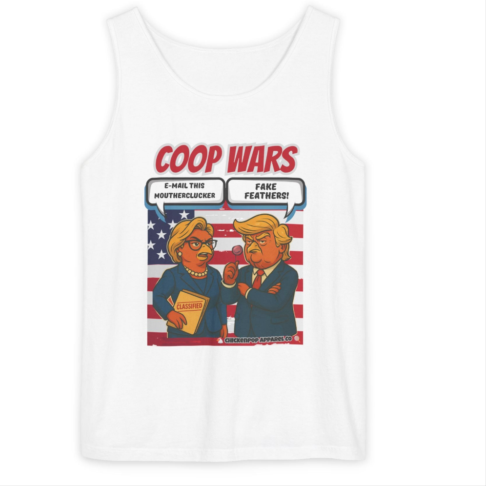 Coop Wars™ Unisex Tank Top – Hilaregg Cluckton vs. Cock-a-Doodle-Don | Political Satire Sleeveless Tee