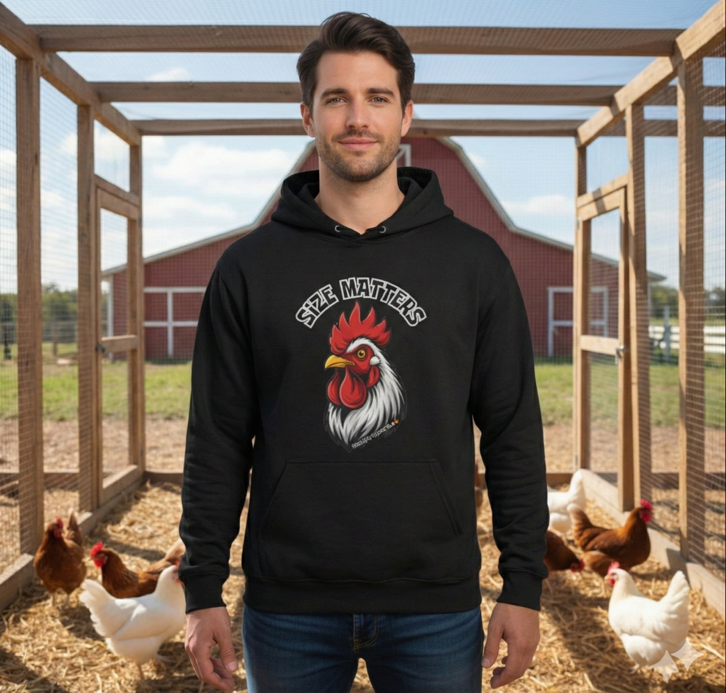 SIZE MATTERS Hoodie | Funny Chicken Apparel Sweatshirt | Bold Rooster Humor Pullover